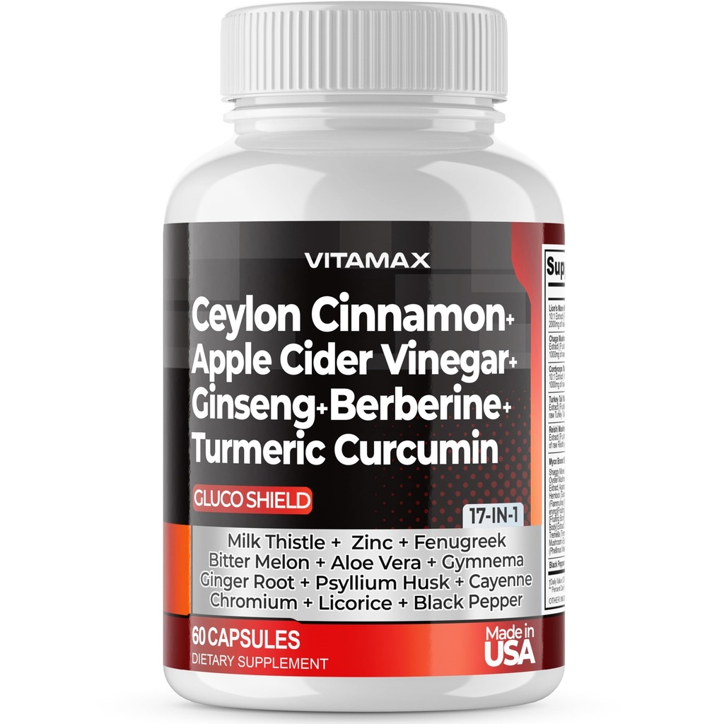 Ceylon Cinnamon, Apple Cider Vinegar, Turmeric - Gluco Health Support - Panax Ginseng, Berberine, Bitter Melon Milk Thistle Fenugreek - Non GMO – Made in USA – 60ct