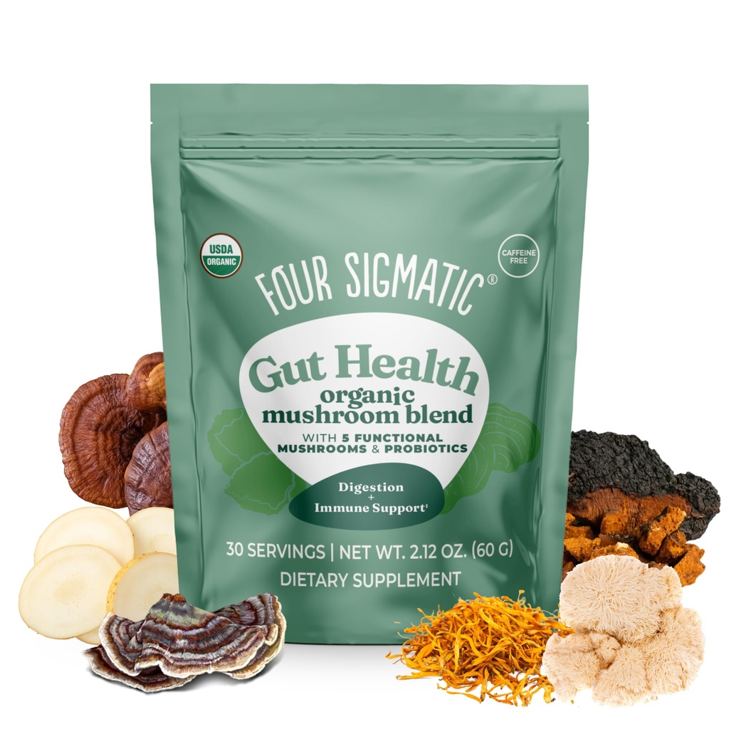 Four Sigmatic Gut Health Mushroom Blend | Organic Mushroom Powder Complex with Turkey Tail, Lion’s Mane, Cordyceps, Chaga, Probiotics and More | Natural Immune Support Supplement | 30 Servings
