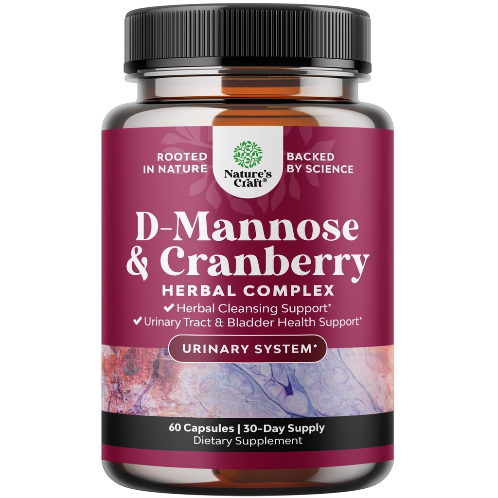 D Mannose with Cranberry Supplement - D Mannose 1000mg per Serving Capsules for Kidney Defense Support & Cleanse and Urinary Tract Health for Women & Men - Adults Bladder Health Supplement - 60 Count
