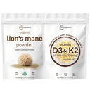 Micro Ingredients Vitamin D3 10,000iu + K2 200mcg Coconut Oil Softgels & Lions Mane Mushroom Supplement Powder Bundle 2 Pack | Essential Sunshine Vitamins | Natural Superfood for Brain, Energy, & Immu