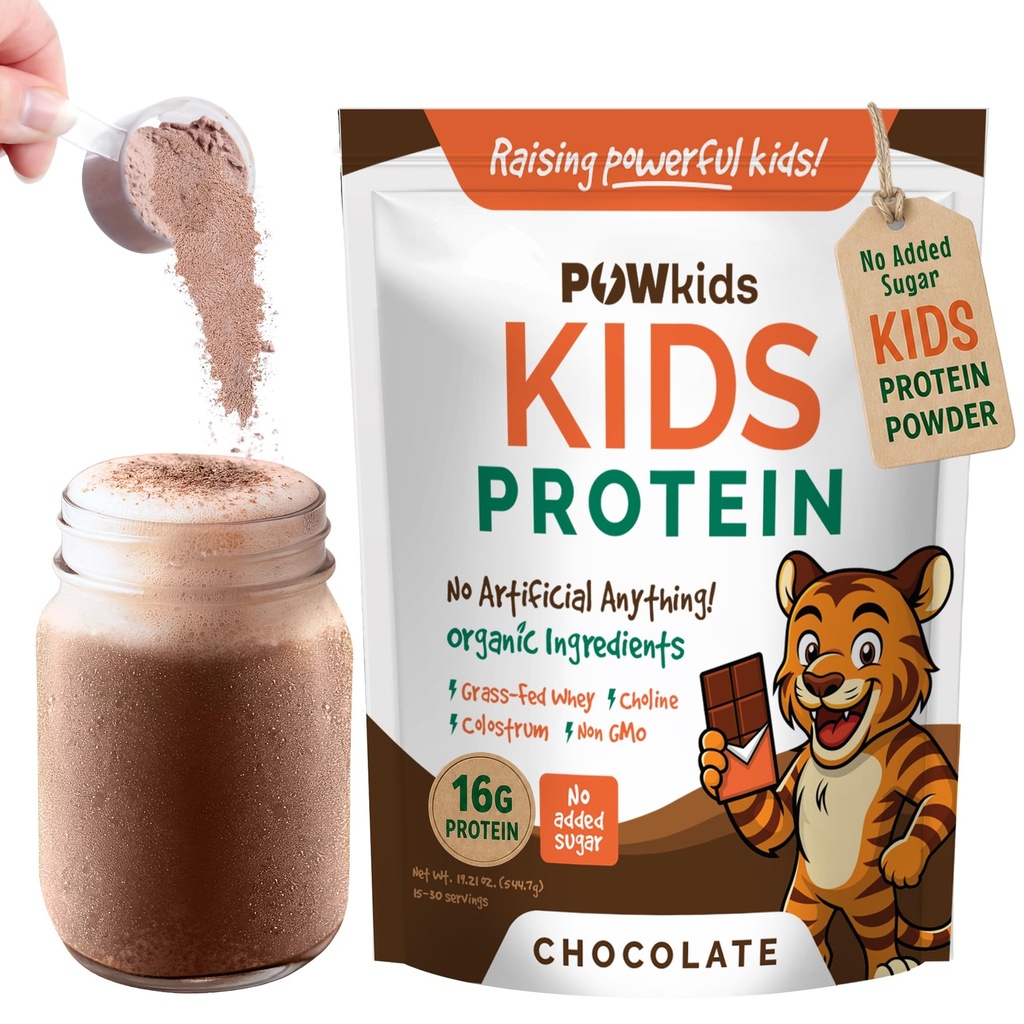 Kids Protein Shake Powder 16g Sports Drink - Zero Added Sugar Grass-Fed Whey Proteins With Organic Ingredients, Calcium & Choline for Bone Strength & Brain Development, 15 Servings – Chocolate