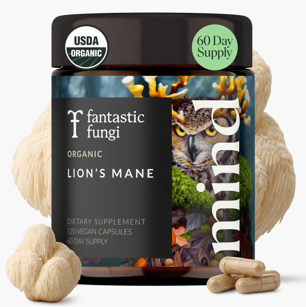 Fantastic Fungi Lions Mane Supplement Capsules - Lions Mane Mushroom Supplement for Focus, Memory & Mood - Adaptogenic Functional Mushroom Extract, USDA Organic, Vegan, 120 Capsules (2-Month Supply)