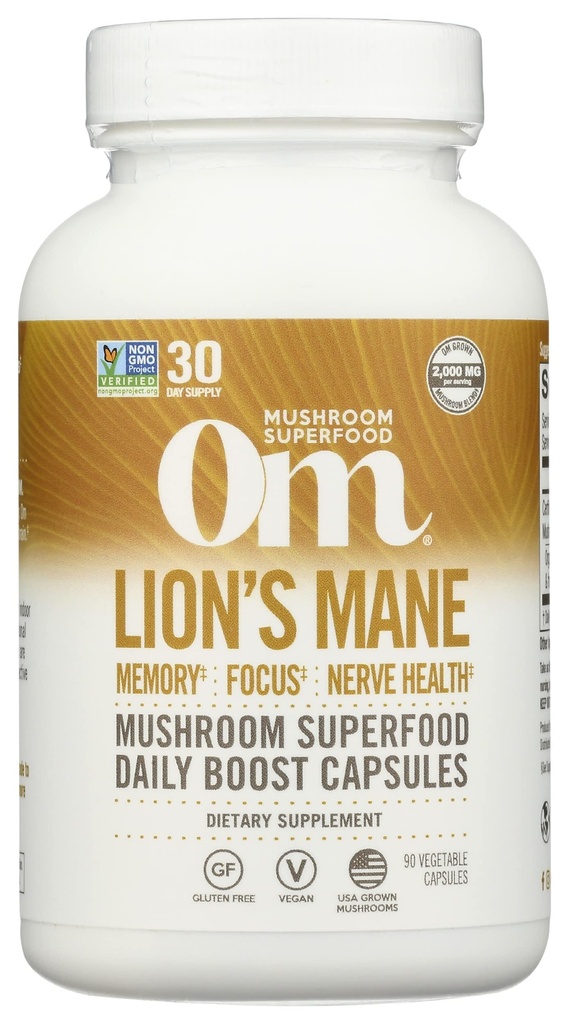 Om Mushroom Superfood Lion's Mane Mushroom Capsules Supplement, Fruit Body & Mycelium Nootropic for Memory Support, Focus, Clarity, Nerve Health, Creativity &Mood, 90 Capsules