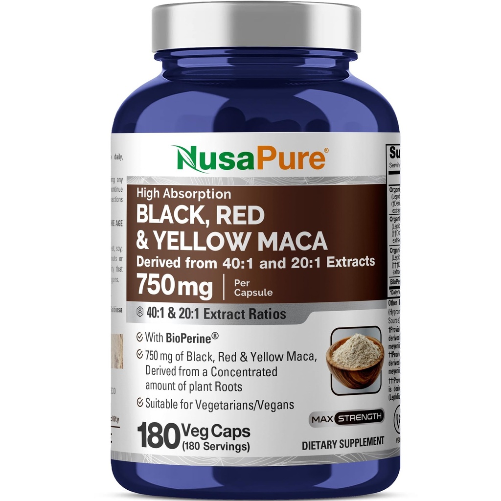 NusaPure Maca Root Black, Red, Yellow Capsules, 750 mg, 180 Veg Capsules (Non-GMO, Vegan)