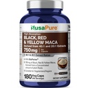 NusaPure Maca Root Black, Red, Yellow Capsules, 750 mg, 180 Veg Capsules (Non-GMO, Vegan)