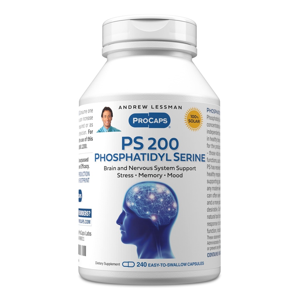 ANDREW LESSMAN PS 200 Phosphatidyl Serine 240 Capsules - Supports Mental Clarity, Positive Mood, Memory, Cognitive Function. Essential for Neurotransmitter Production and Release. No Additives