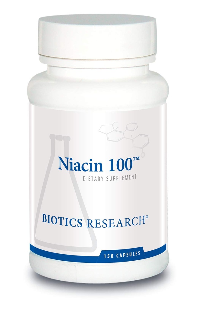 BIOTICS RESEARCH Niacin 100, 100 Milligram Niacin, Vitamin B3, HDL, Triglyceride, LP, 150 Capsules