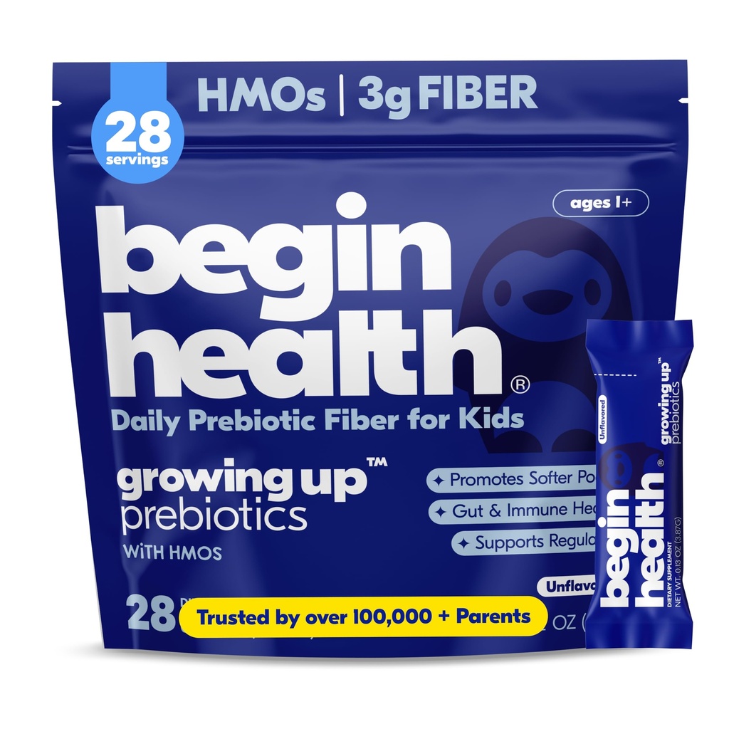 Begin Health Growing Up® Prebiotics for Kids 28-Packs | Prebiotic Soluble Powder Stool Softeners & Digestive Gut Health Supplement | Ideal to Mix with Kids Daily Beverages and Soft Foods - Unflavored