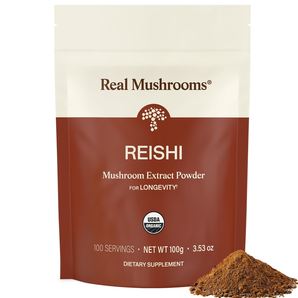 Real Mushrooms Reishi Mushroom Powder - Handpicked Organic Mushroom Extracts - Red Reishi for Tranquil Daily Wellness with Verified Beta Glucans Vegan, Non-GMO, No Grain Fillers, 100 Servings