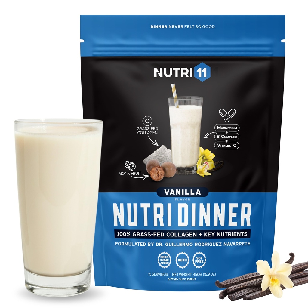 NutriDinner by Nutrillermo | Grass-Fed Collagen Protein Powder | Collagen with Magnesium B-Vitamins | Collagen Supplement for Sleep and Recovery (14,9, Vanilla)