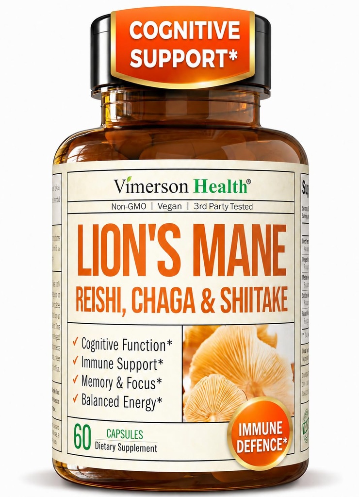 Lions Mane Supplement Capsules – Mushroom Powder Blend with Lions Mane Powder, Turkey Tail, Shiitake Mushrooms & More – Focus & Energy Supplements for Mood & Immune Support. Non-GMO. 60 Vegan Capsules