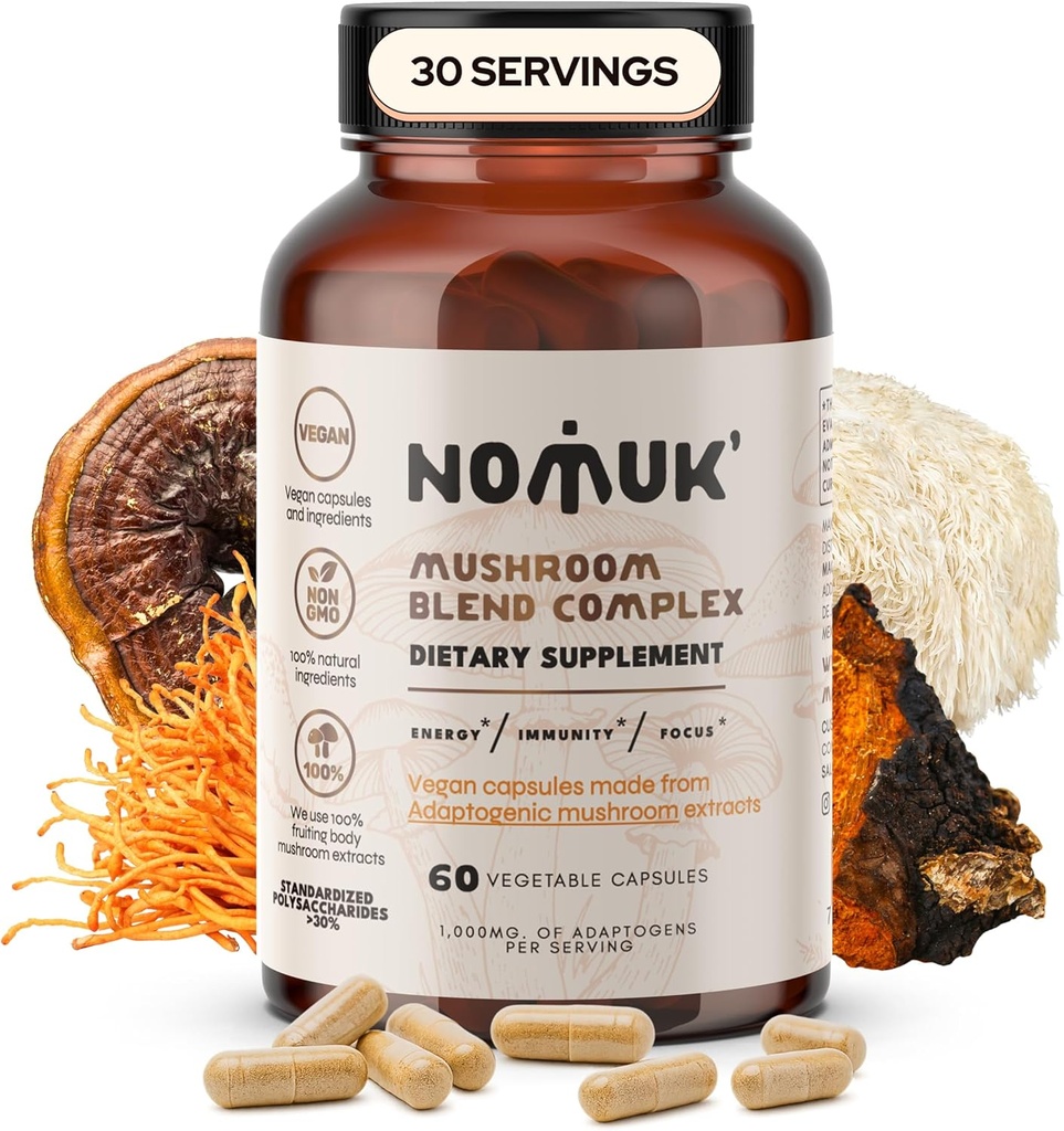 Adaptogenic Mushroom Extract Blend Lions Mane, Reishi, Cordyceps, Chaga Supplement, 60 Capsules.