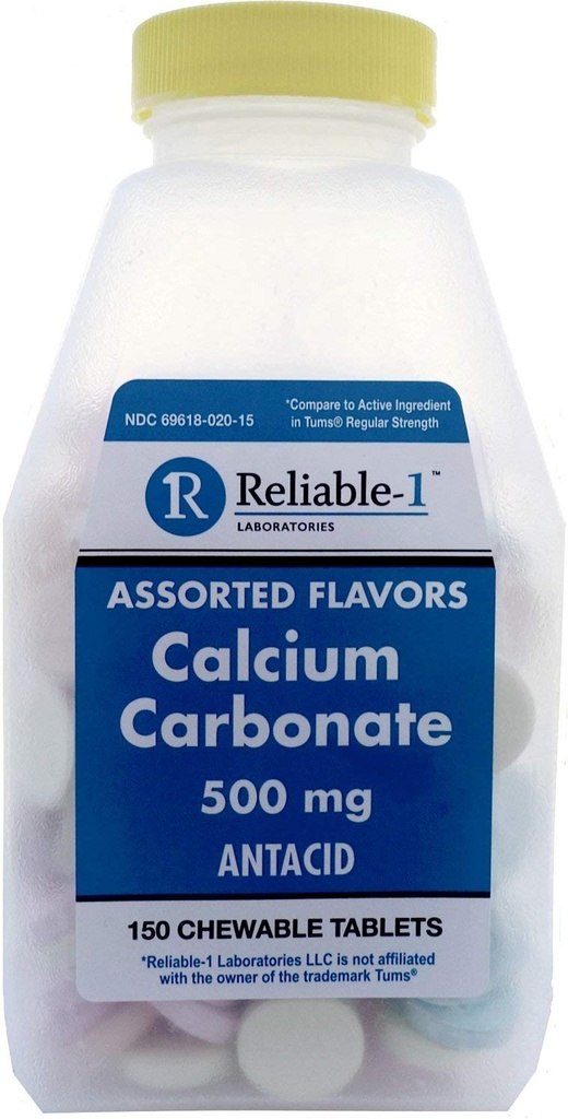 Reliable-1 Laboratories Calcium Carbonate Antacid Acid Reducer for Indigestion, Sour Stomach and Heartburn Relief | Antacid Tablets Chewable | 150 Chewable Calcium Tablets, Assorted Flavors