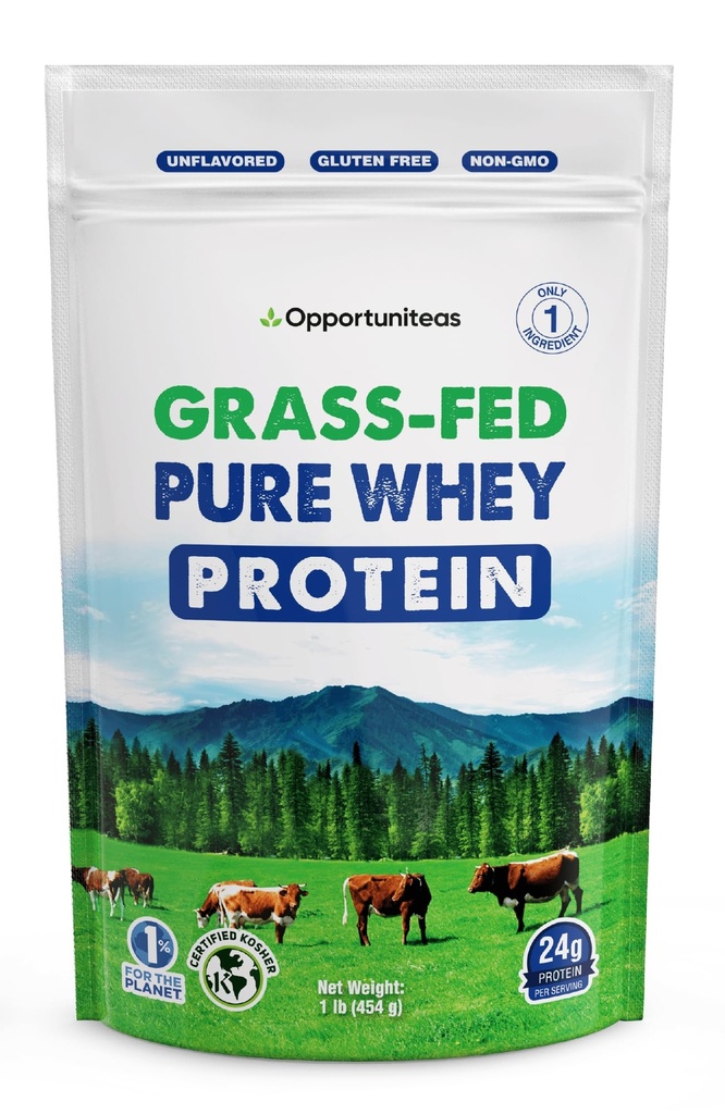 Opportuniteas Grass Fed Whey Protein Powder Concentrate - 1 Ingredient - Pure Protein Supplement for Drink, Smoothie, Shake, Cooking & Baking - Non GMO, Hormone Free & Gluten Free - 1 Pound