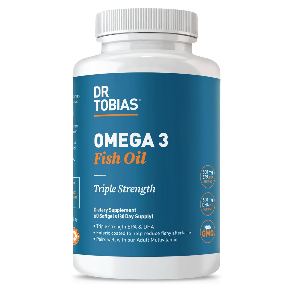 Dr. Tobias Omega 3 Fish Oil 2000mg Triple Strength with 800mg EPA 600mg DHA Per Serving | Fish Oil Omega 3 Supplements for Heart Brain & Immune Support - 60 Softgels (30 Servings)
