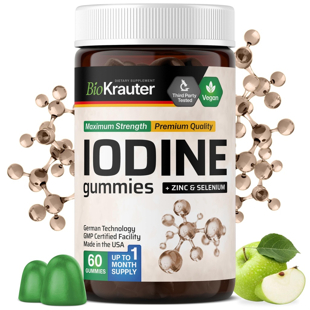 BIO KRAUTER® Iodine with Zinc and Selenium for Thyroid Support - Vegan Potassium Iodide for Antioxidant & Immune Support - Selenium Supplements for Women - 60 Gummies, Non-GMO, Apple Flavor