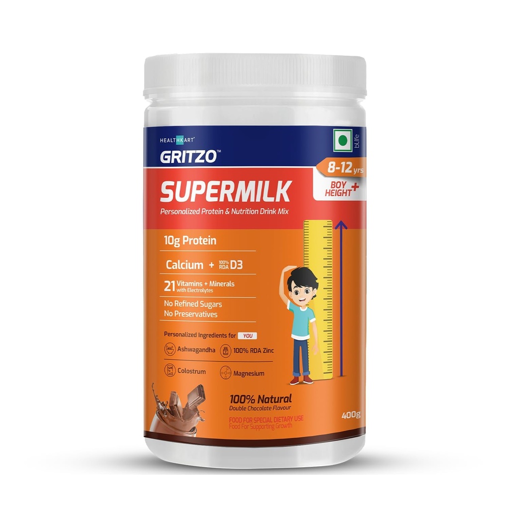 ATS Supermilk Height+ for 8-12Y Boys,Personalized Health Drink for Kids,High Protein (10 G) with Calcium + D3,21 Vitamins&Minerals,Zero Refined Sugar,100% Natural Double Chocolate,400 G,Powder