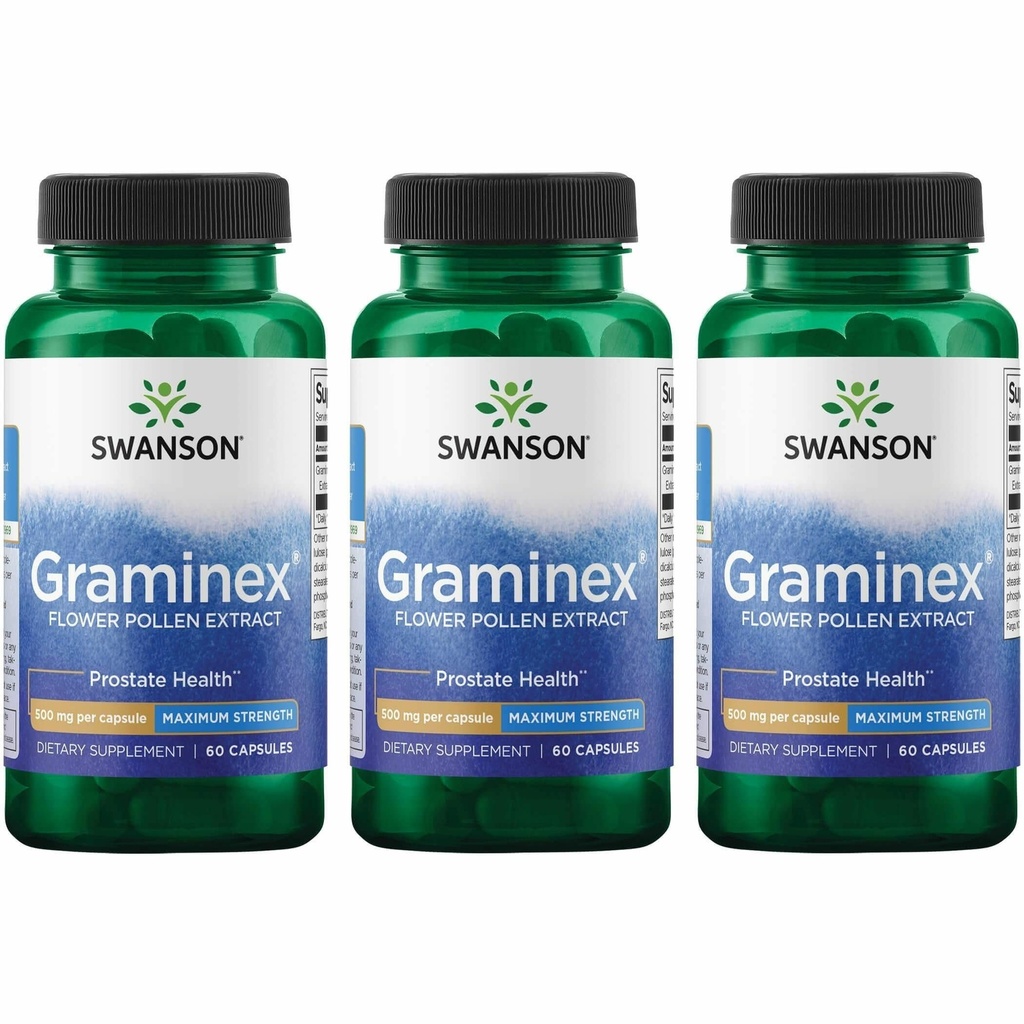 Swanson Maximum Strength Graminex Flower Pollen Extract - Supports Prostate Health, Urinary Tract Function, and Kidney Health - Mens Health Supplement - (60 Capsules, 500mg Each) (3 Pack)