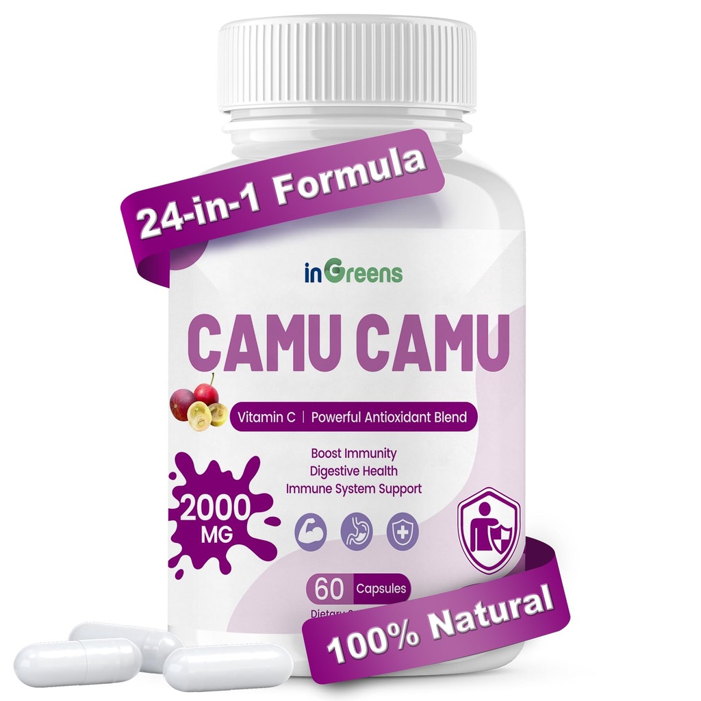 inGreens Organic Camu Camu Capsules 2000mg | High Natural Vitamin C, Powerful Antioxidant Blend | 60 Capsules, Non-GMO, Gluten-Free, Immune Support & Skin Health