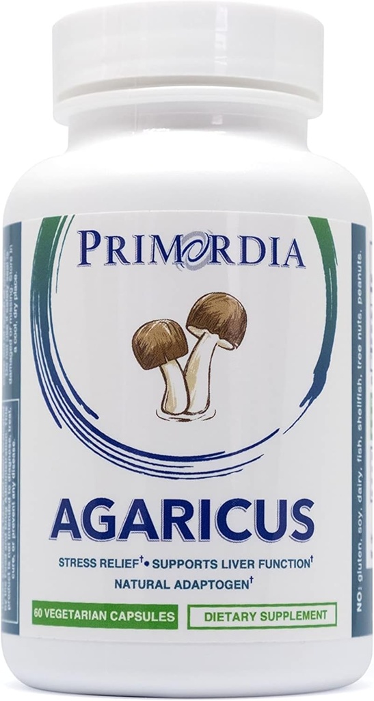Primordia Pure Agaricus Mushroom Supplement, 60 Capsules, Liquid State Fermentation, Agaricus Blazei Murill Mushrooms, Stress Relief, Supports Liver and Immune Functions