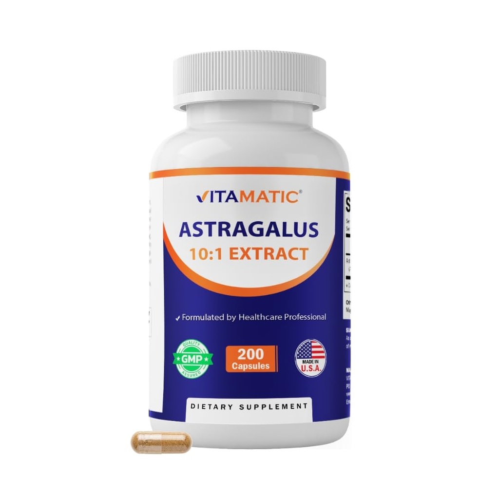 Vitamatic Astragalus – 10:1 Plant-Based Botanical Extract Capsules – Vegetarian, Non-GMO, Gluten-Free – Concentrated Herbal Supplement – 200 Count