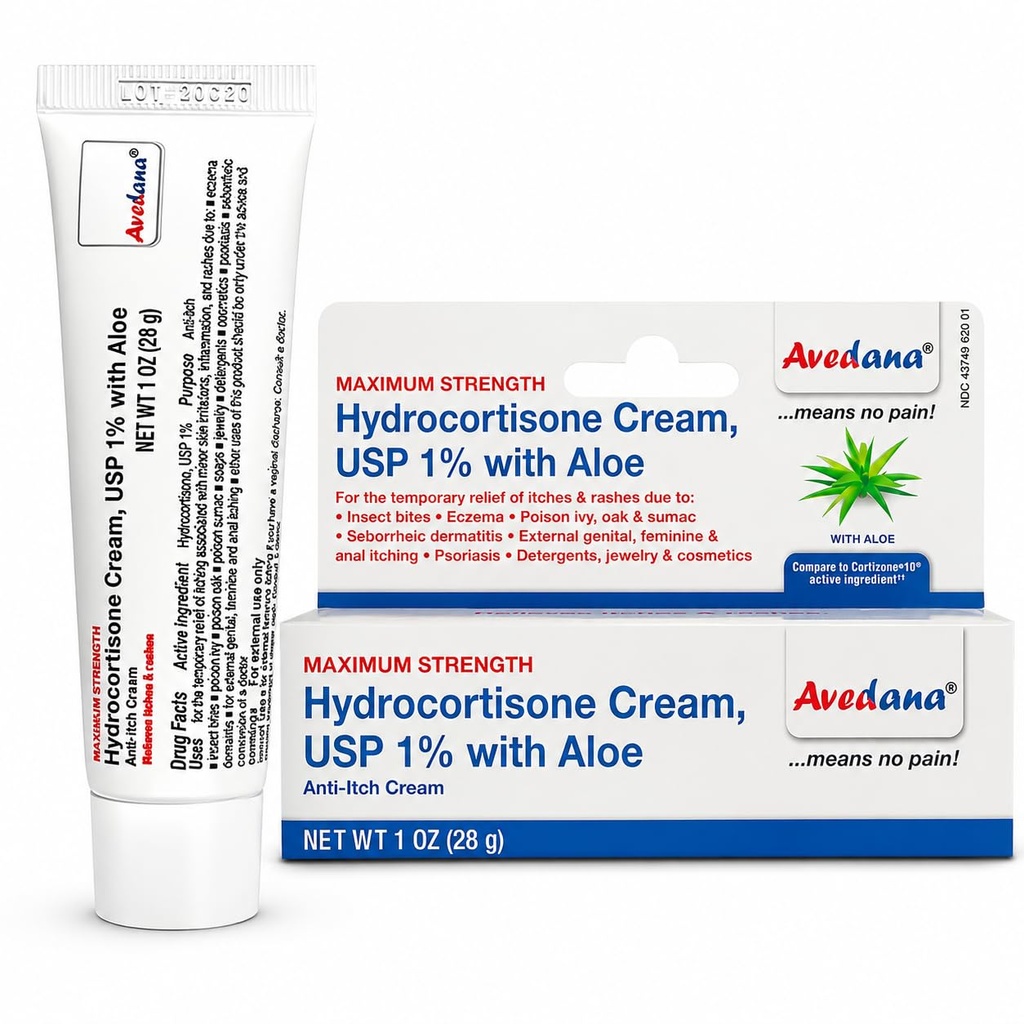 Avedana Hydrocortisone Cream 1% USP Maximum Strength Anti-Itch Cream with Aloe Vera, Fast Relief for Eczema, Dermatitis, Poison Ivy, Poison Oak, Rashes & Bug Bites, 1 Oz