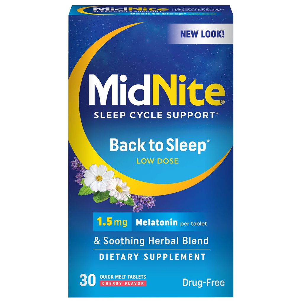MidNite Back to Sleep Low Dose, 1.5 mg Melatonin Sleep Aid, Non-Habit Forming, Herbal Dietary Supplement for Adults, Drug-Free, Gluten-Free & Lactose-Free, Vegetarian, Vegan, 30 Quick Melt Tablets