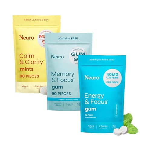 Neuro Focus & Calm Cognitive Bundle – Energy & Focus Nootropic Gum (90), Calm & Clarity Stress Support Mints (90) & Memory & Focus Nootropic Gum (90)