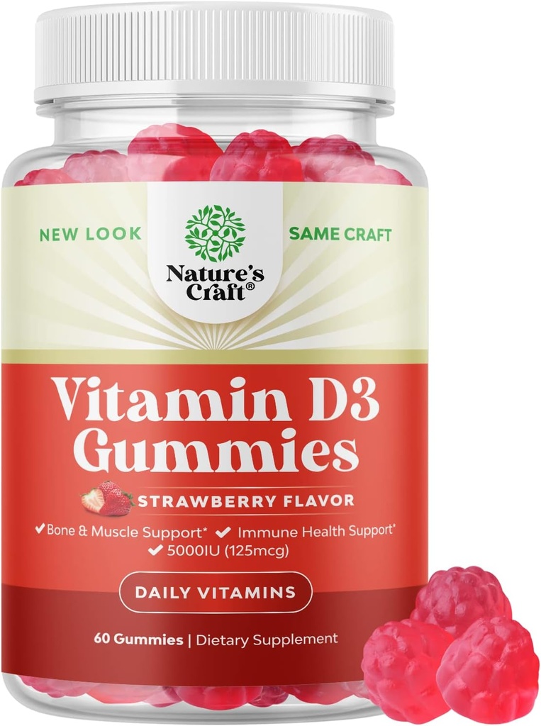 Vegan Vitamin D3 Gummies for Adults - Vitamin D3 5000 IU Natural Gummy Vitamins for Men And Womens Immunity Joint Support Plus Teeth - Gelatin Free Non GMO Delicious Strawberry Flavor