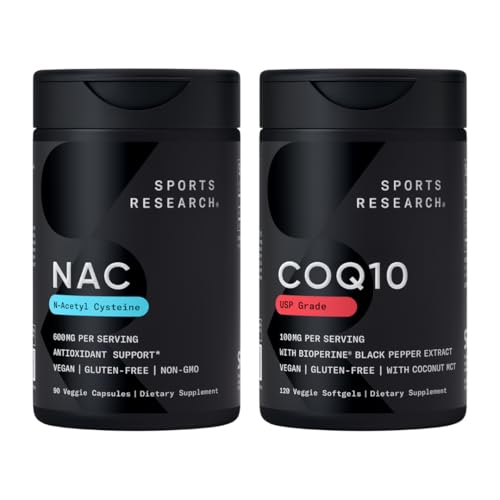 Sports Research® Antioxidant Support Pack - N-Acetyl L-Cysteine (NAC) 600mg, CoQ10 100mg Enhanced w/Coconut Oil & Bioperine - Vegan · Non-GMO · Gluten Free