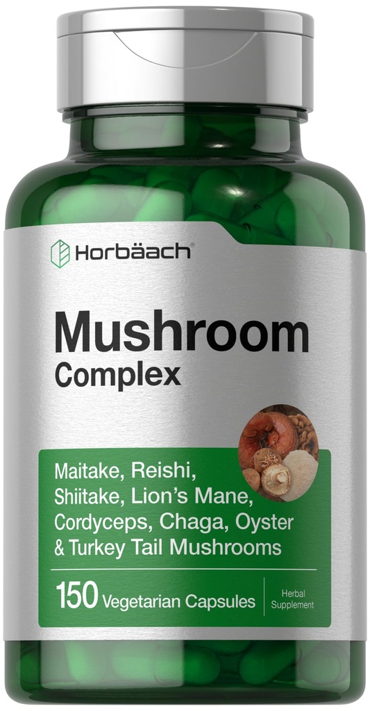 Horbäach Mushroom Complex Capsules | 150 Count | Reishi, Chaga, Lions Mane, Cordyceps, Maitake, Shiitake, Oyster and Turkey | Non-GMO & Gluten Free Supplement