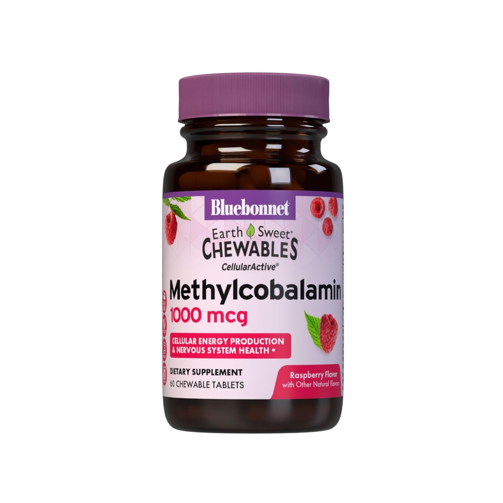 Bluebonnet EarthSweet Methylcobalamin 1,000 mcg Active Coenzyme Form of Vitamin B12 Supports Energy Boost & Metabolism - Vegan, Gluten-Free - Raspberry Flavor - 60 Chewable Tablets