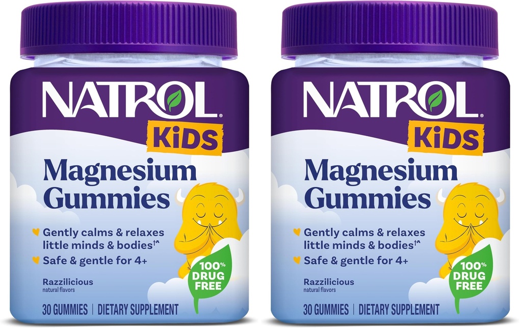Natrol Kids Magnesium Citrate Gummies, Gently Calm & Relax Little Minds and Bodies, Plus Support Healthy Muscle Relaxation and Function, 30 Razzilicious Gummies, Up to a 30 Day Supply, (Pack of 2)