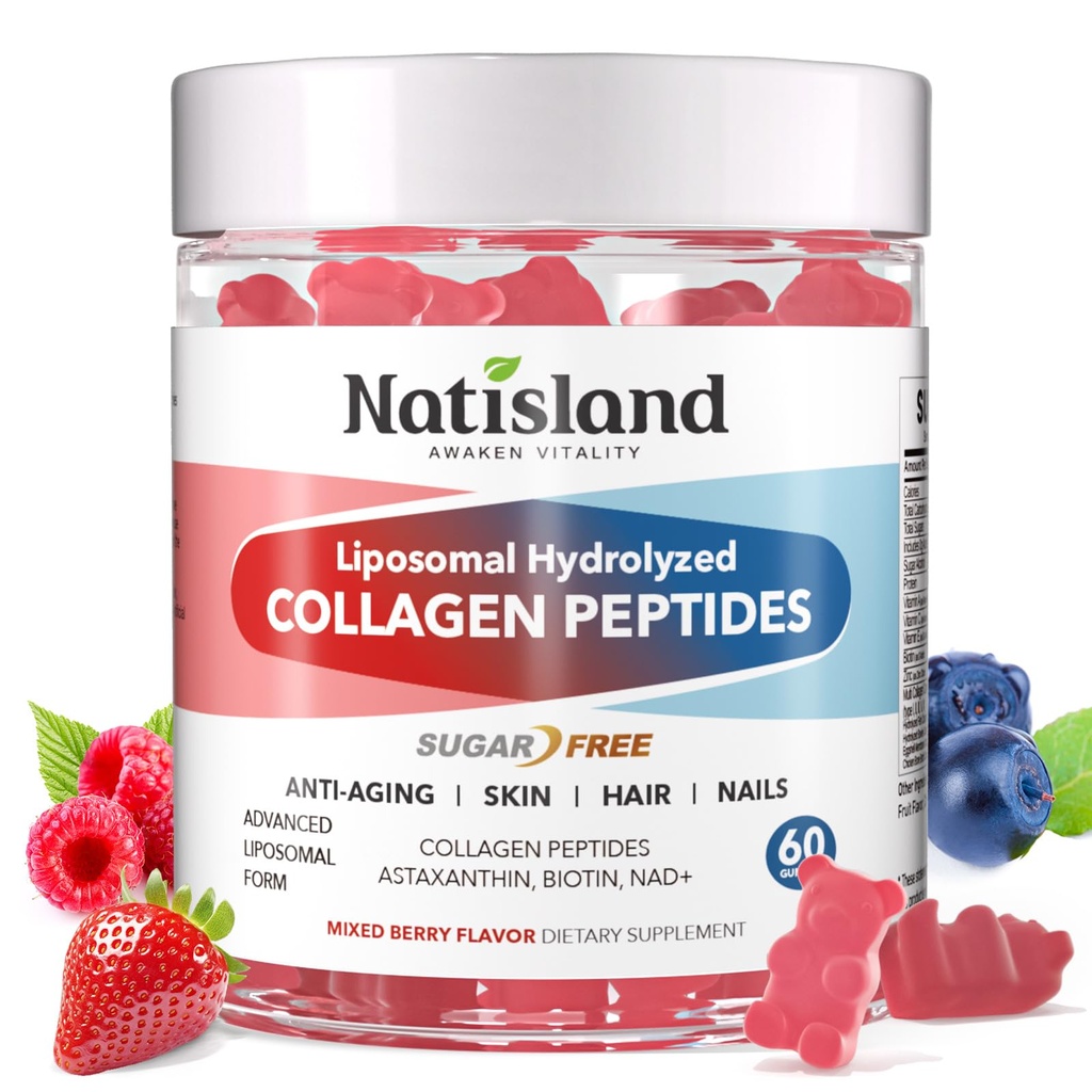 Liposomal Collagen Peptides Gummies, Sugar-Free, 2500 mg Collagen Peptides with Biotin, Astaxanthin, Resveratrol, Vitamin C, Zinc, for Skin, Hair & Nail Support, Non-GMO, 60 CT