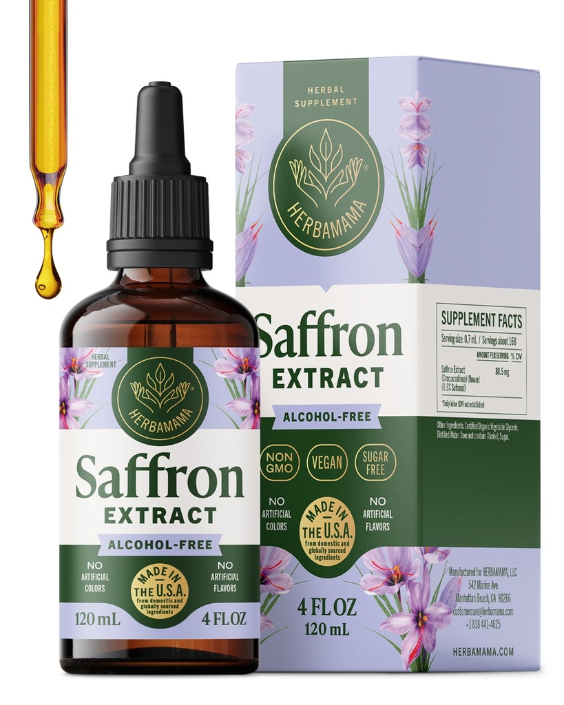 HERBAMAMA Saffron Extract Supplements for Stress Relief - Calm & Relaxation with Pure Saffron - Mood Support Supplement - Vegan, Non-GMO, Alcohol & Sugar-Free, 168-Day Supply
