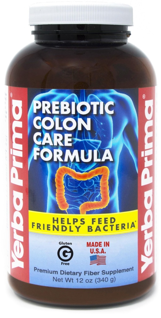 Yerba Prima Prebiotic Colon Care Formula Powder 12 oz - Natural Psyllium Fiber, FOS, Magnesium, Selenium - Non-GMO, Gluten Free, Vegan Daily Supplement for Men & Women