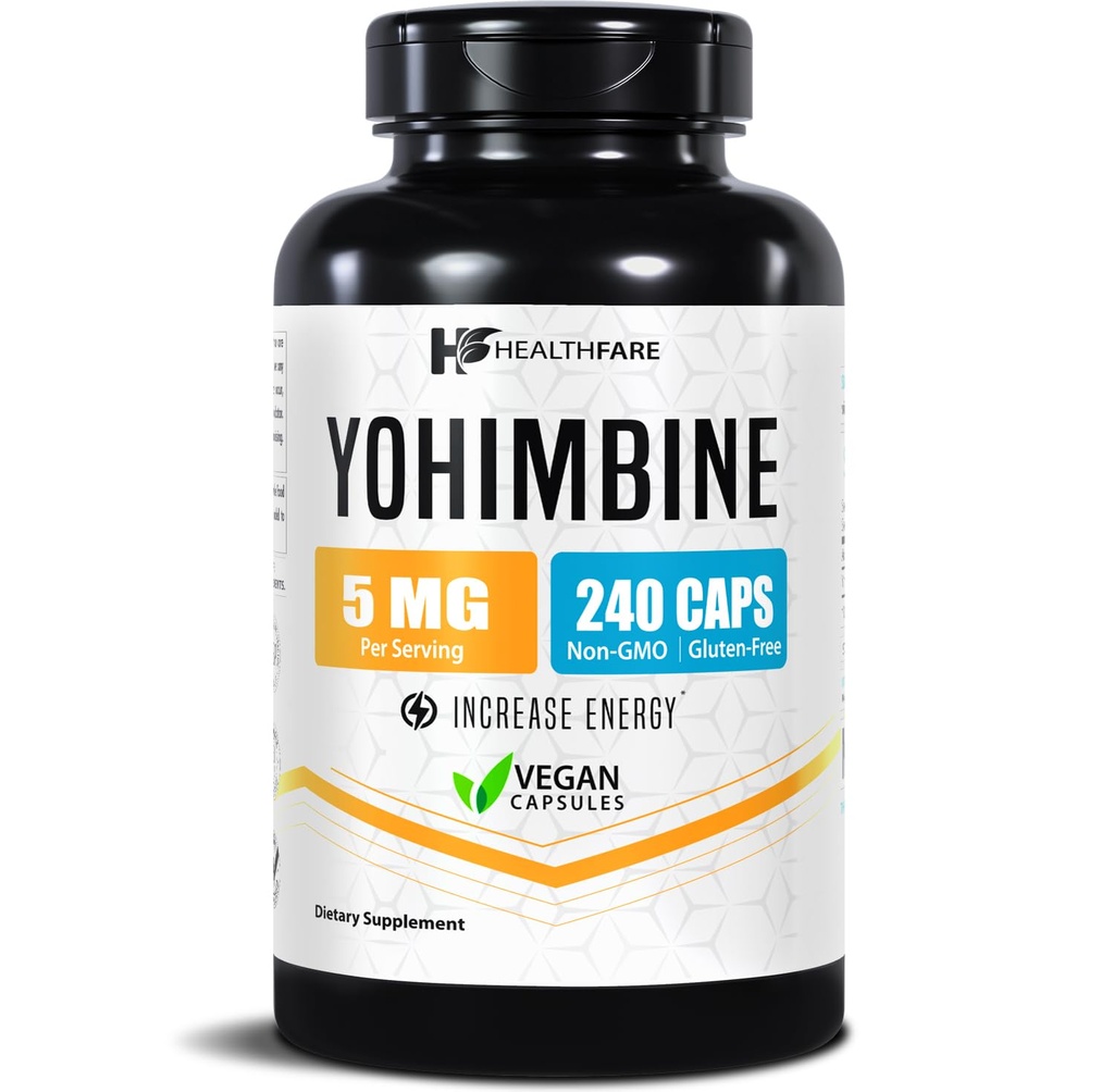 Healthfare Yohimbine HCL 5mg | 240 Vegan Capsules | Maximum Strength Formula | Vegan, Non-GMO, Gluten-Free | Made in the USA
