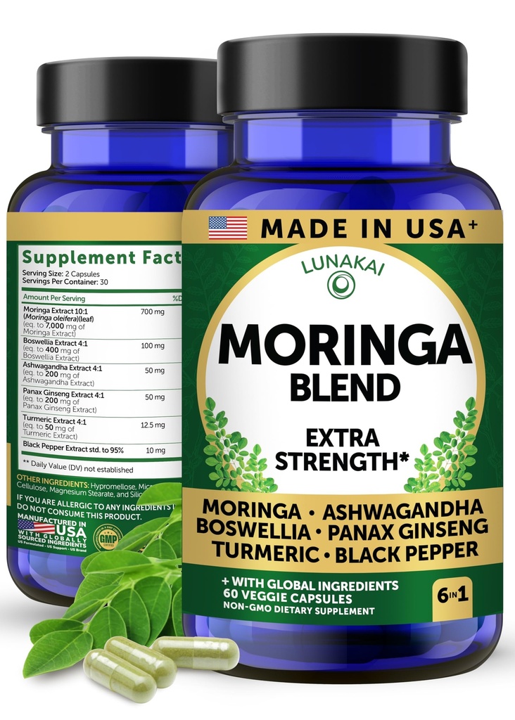 Lunakai USA Made Pure Moringa Capsules – Advanced Moringa Leaf Extract Supplement with Ashwagandha, Boswellia, Ginseng & Turmeric, 60ct