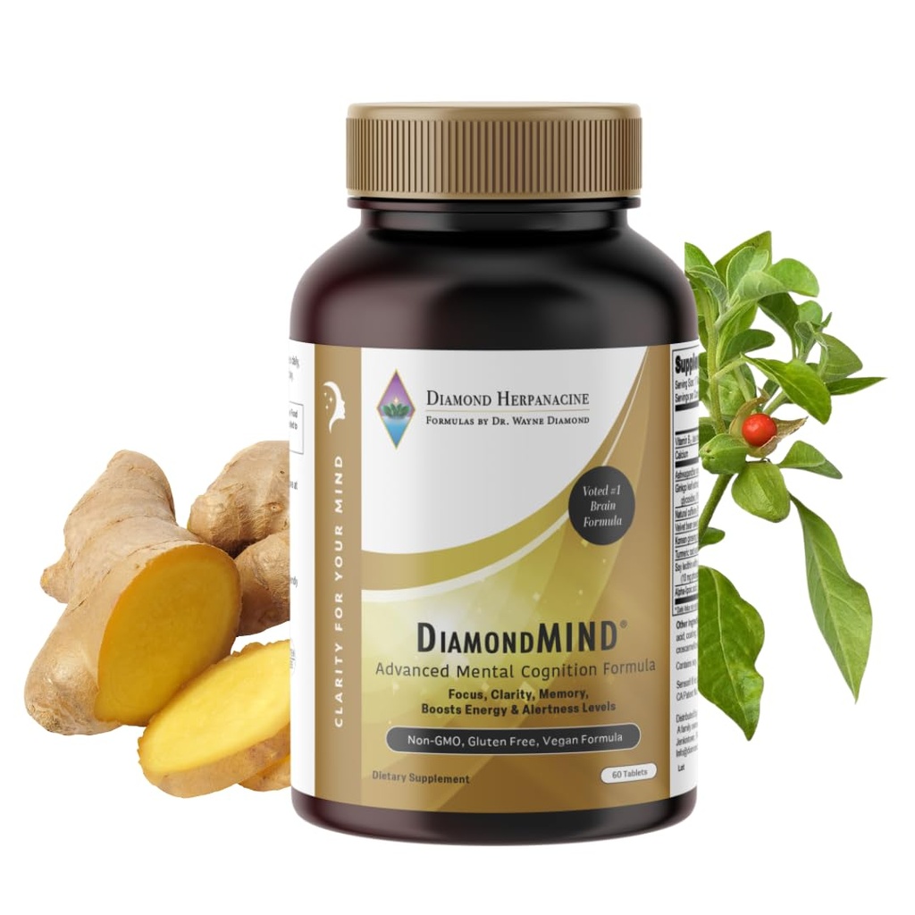 DiamondMIND Brain Support Supplement - Natural Formula for Mental Energy & Cognitive Function - Focus, Clarity, and Memory Supplement - Less Mental Stress - Vegan, Gluten-Free, Dairy-Free - (60 Count)