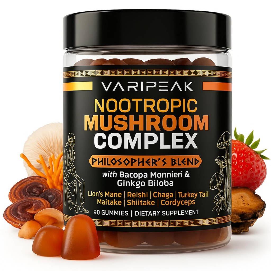 9-In-1 Nootropic Mushroom Gummies | With Lion's Mane, Reishi, Chaga, & More | Enhanced with Bacopa Monnieri & Gingko Biloba | For Focus & Memory | 90 Ct | Sugar Free & Vegan | for Men and Women