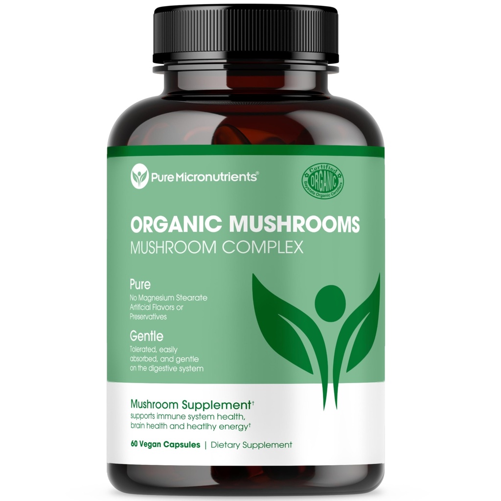 Pure Micronutrients Organic Mushroom Supplement - Lions Mane, Reishi, Chaga, Cordyceps & Turkey Tail Complex - Immune Support, Nootropic Brain Memory, Focus & Energy Pills - 60 Vegan, USA Grown