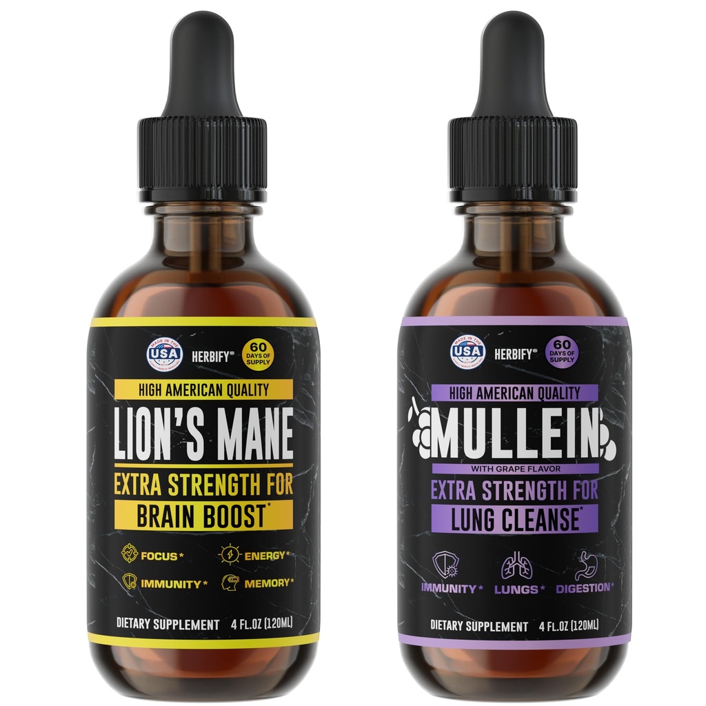 HERBIFY Bundle - Lions Mane & Mullein Grape 4 Fl Oz Drops - Supplement for Memory, Focus & Clarity & Immune Support, Lung Cleanse and Bronchial Support