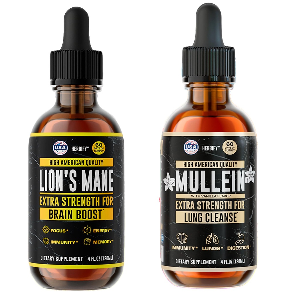 HERBIFY Bundle - Lions Mane & Mullein Vanilla 4 Fl Oz Drops - Supplement for Memory, Focus & Clarity & Immune Support, Lung Cleanse and Bronchial Support