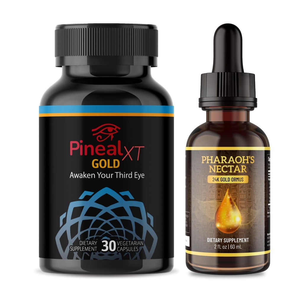 Pineal XT Gold + Pharaoh's Nectar - Pineal Gland Supplement Bundle – 24K Monoatomic Gold Ormus Drops, Pineal Gland Decalcification, Third Eye Awakening, Focus, Energy & Manifestation