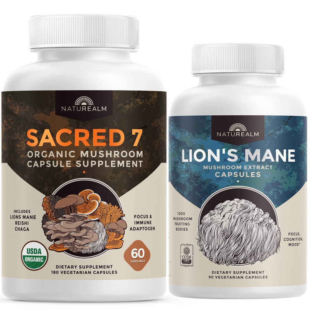 Naturealm Sacred 7 Organic Mushroom Extract Capsules & Lions Mane Mushroom Supplement Bundle - 270 Vegetarian Capsules for Immune Support and Cognitive Function