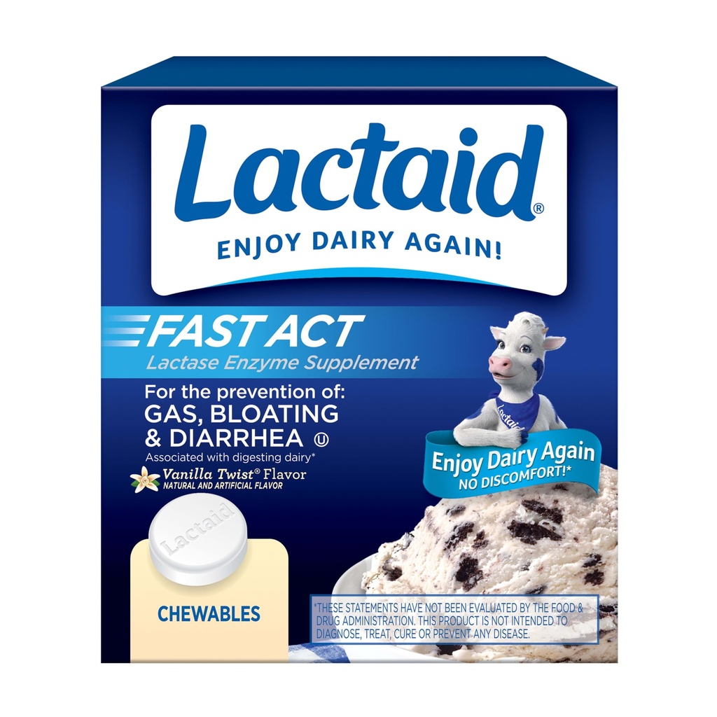 Lactaid Fast Act Lactase Enzyme Supplement, Chewable Tablet, Vanilla Twist, 60 Count