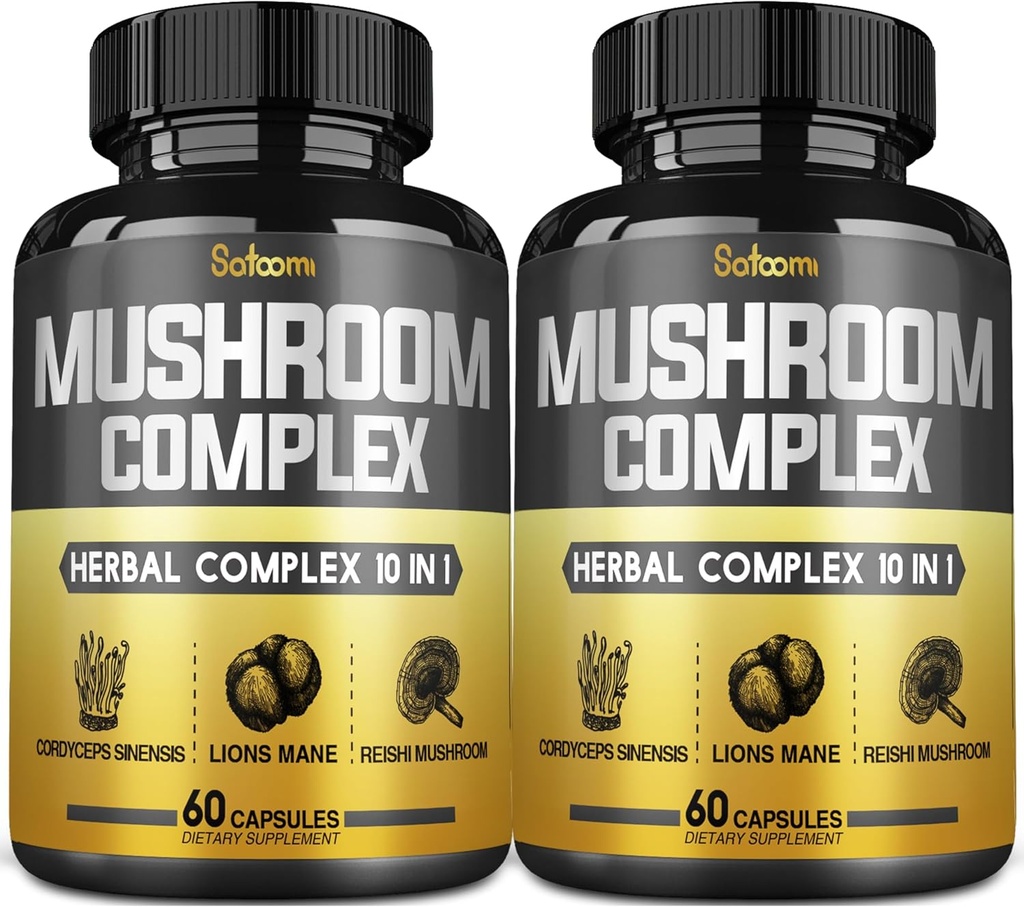 Satoomi 10in1 Mushroom Complex Supplements Capsules - 4 Month Supply - Blends with Lions Mane, Cordyceps, Reishi, Chaga, Maitake, Shitake & Others - 2 Packs 60 Capsules