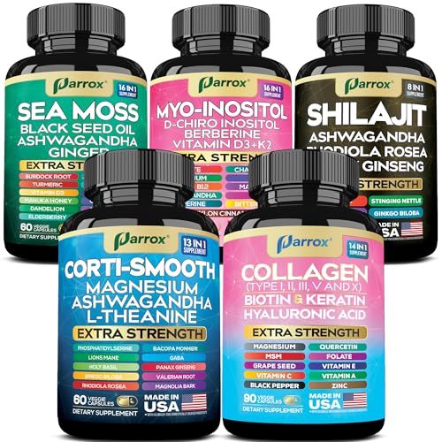 Cortisol, Myo-Inositol, Collagen + Sea Moss, Shilajit Bundle – 5-in-1 Daily Wellness Stack with Ashwagandha, DIM, Biotin, Adaptogens, Marine Minerals, and Collagen Peptides Types I–V