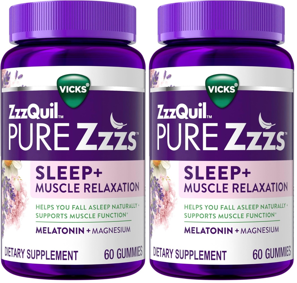 ZzzQuil Pure Zzzs Muscle Relaxation Melatonin Sleep Aid Gummies,Supports Muscle Function,Helps You Fall Asleep Naturally,Fast,Melatonin + Magnesium,No Next-Day Grogginess,Drug-Free,60ct,(Pack of 2)