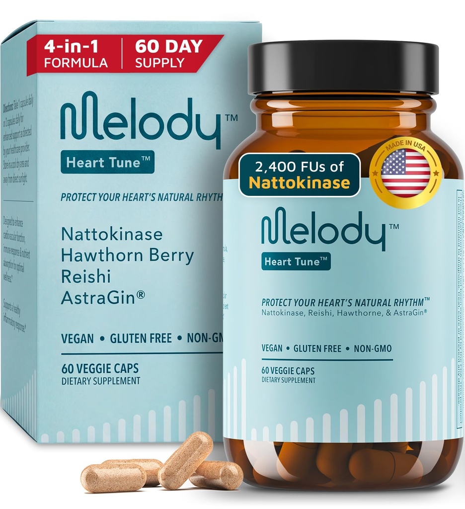 Melody Heart Tune 4-in-1 Blood Pressure Support Supplements – Nattokinase 2,400 FU, Reishi Mushroom & Hawthorn – 2 Month Supply – Dr. Formulated for Vascular Circulation & Flow, – 60 Vegan Capsules
